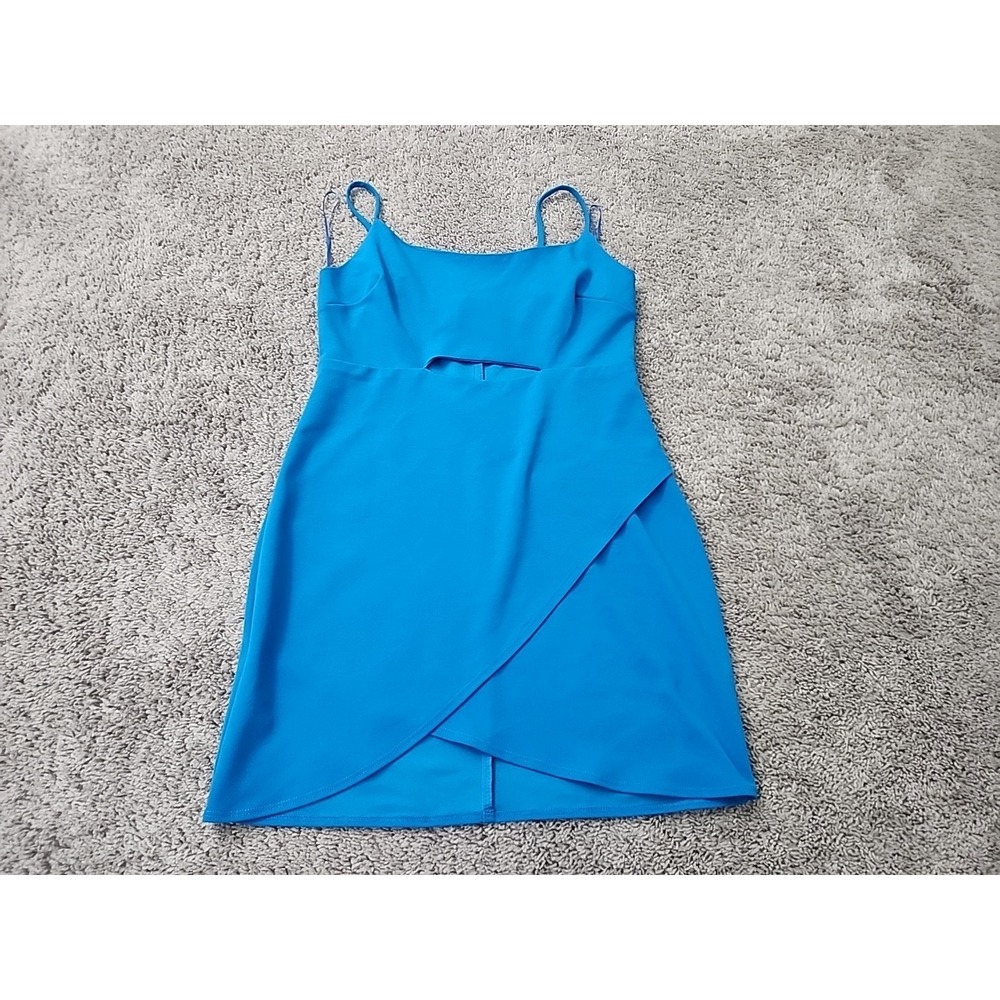 Morgan & Co Dress Womens 15 Blue Spaghetti Strap Front Cutout Faux Wrap Mini USA